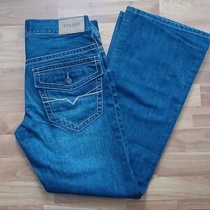 GUESS Men's Jeans Size 31X32 Blue Denim Relaxed Boot Rancho Fit Mid Rise Dark
